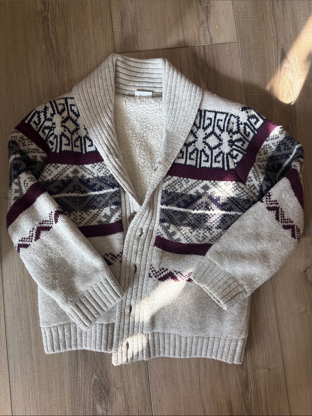 Shawl Collar Fair Isle Cardigan Sweater - Cream & Burgundy